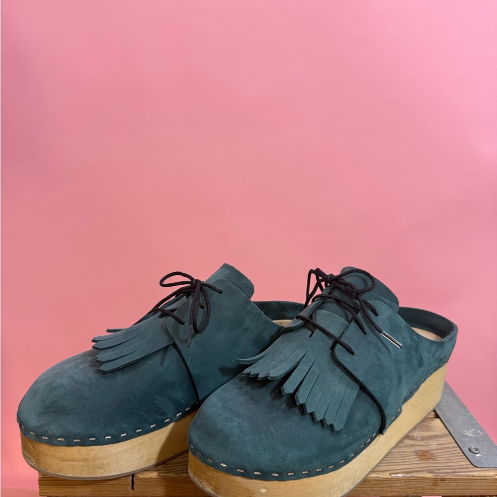 Bryr Green and Tan Mules with Fringe